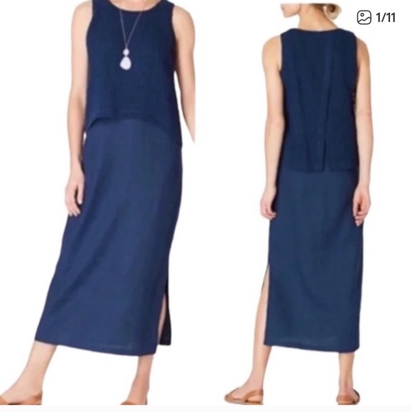 J Jill Pure Jill Layered Linen Sleeveless Navy Maxi Dress size xl - Picture 1 of 9